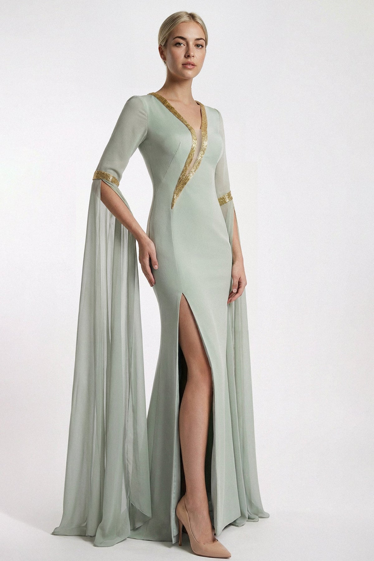 Beaded V-Neck Cape-Sleeve Gown