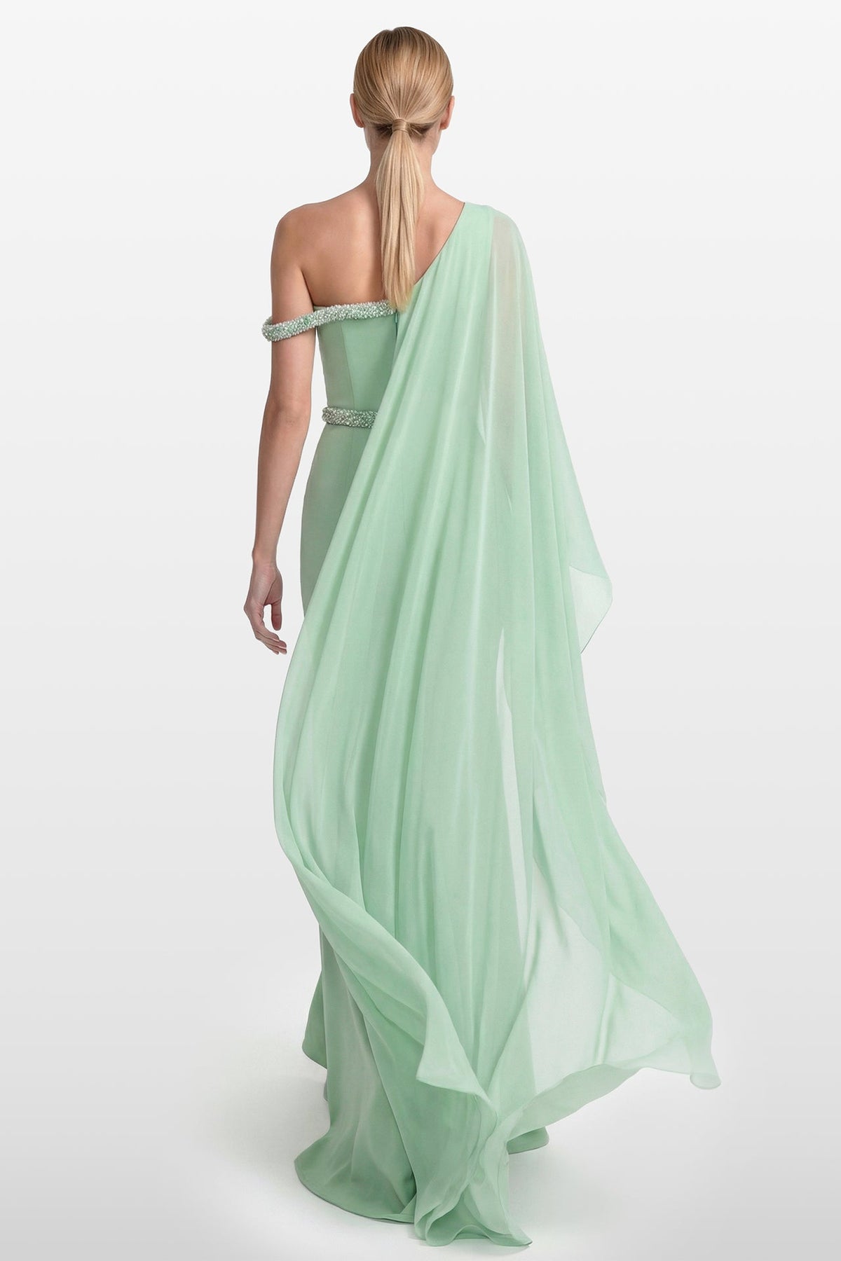 One-Shoulder Beaded Drape Gown