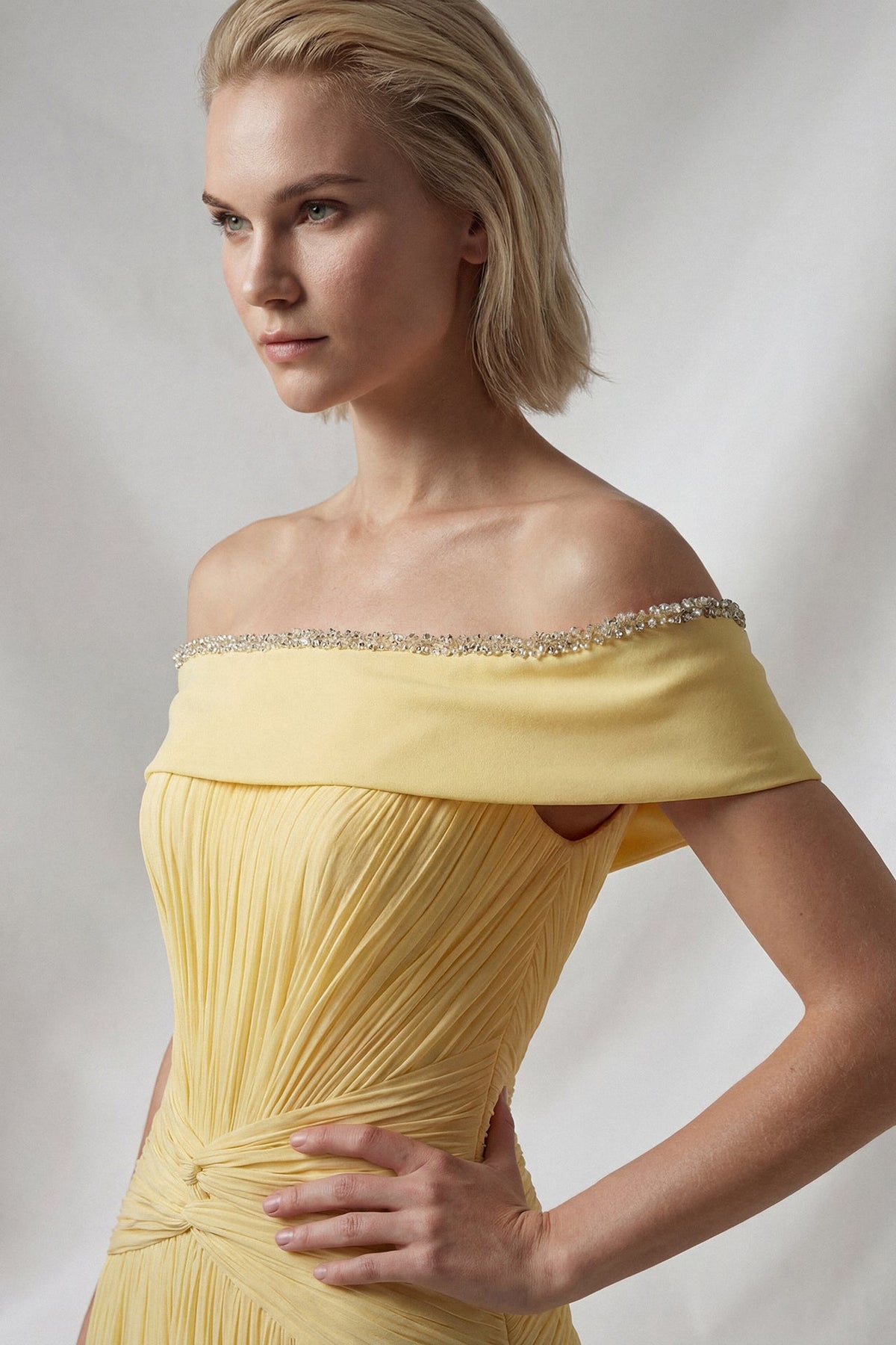 Portrait-Collar Draped Chiffon Gown