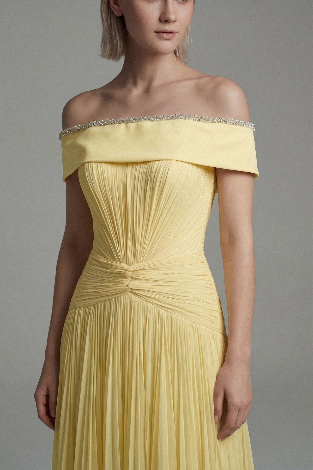 Off-Shoulder Pleated Chiffon Gown