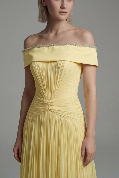Off-Shoulder Pleated Chiffon Gown