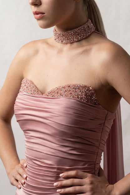 Beaded-Choker Ruched Satin Gown