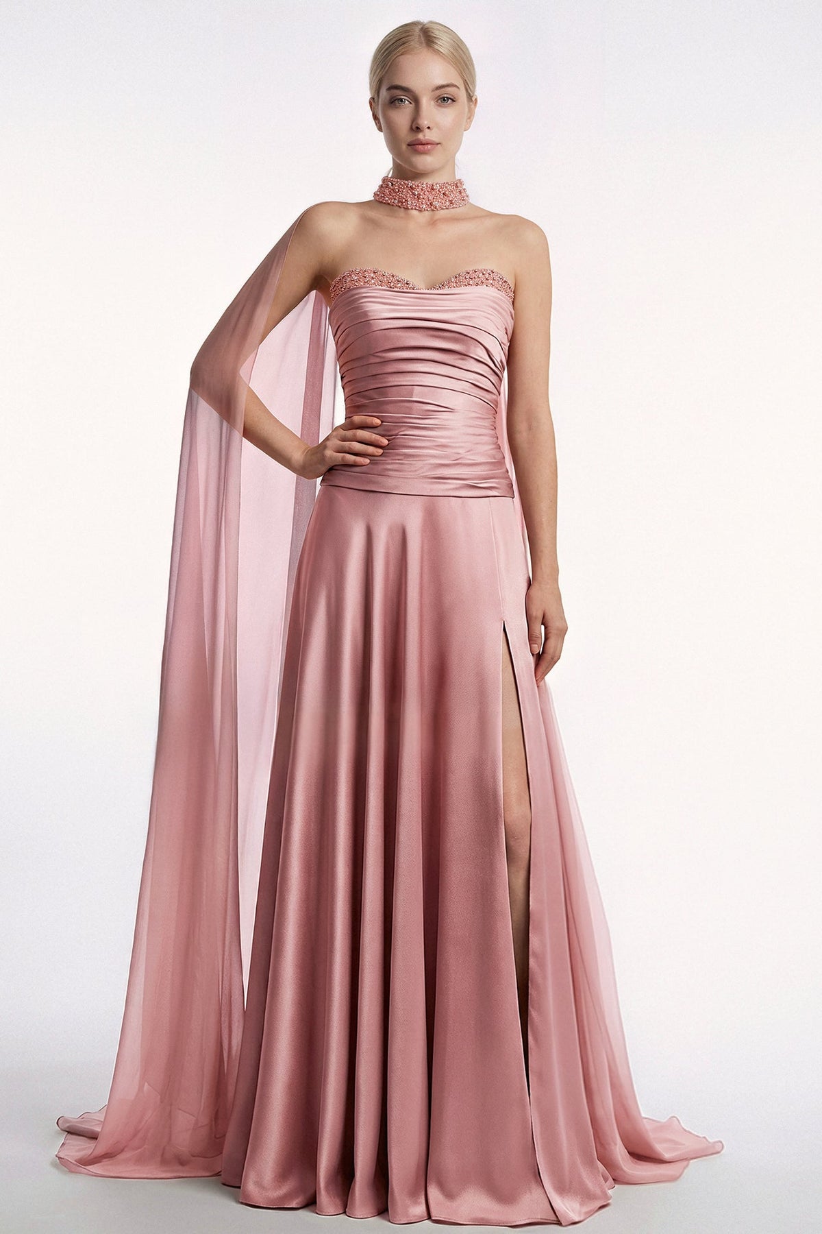 Beaded-Choker Ruched Satin Gown