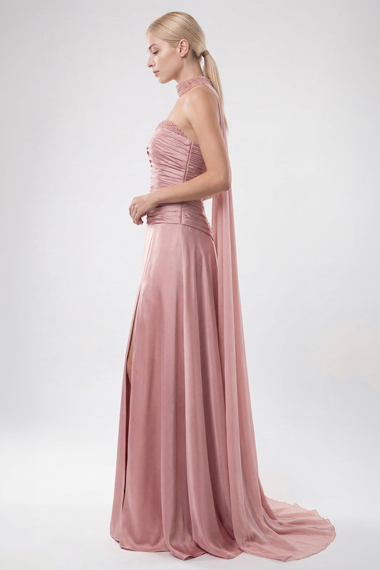 Beaded-Choker Ruched Satin Gown