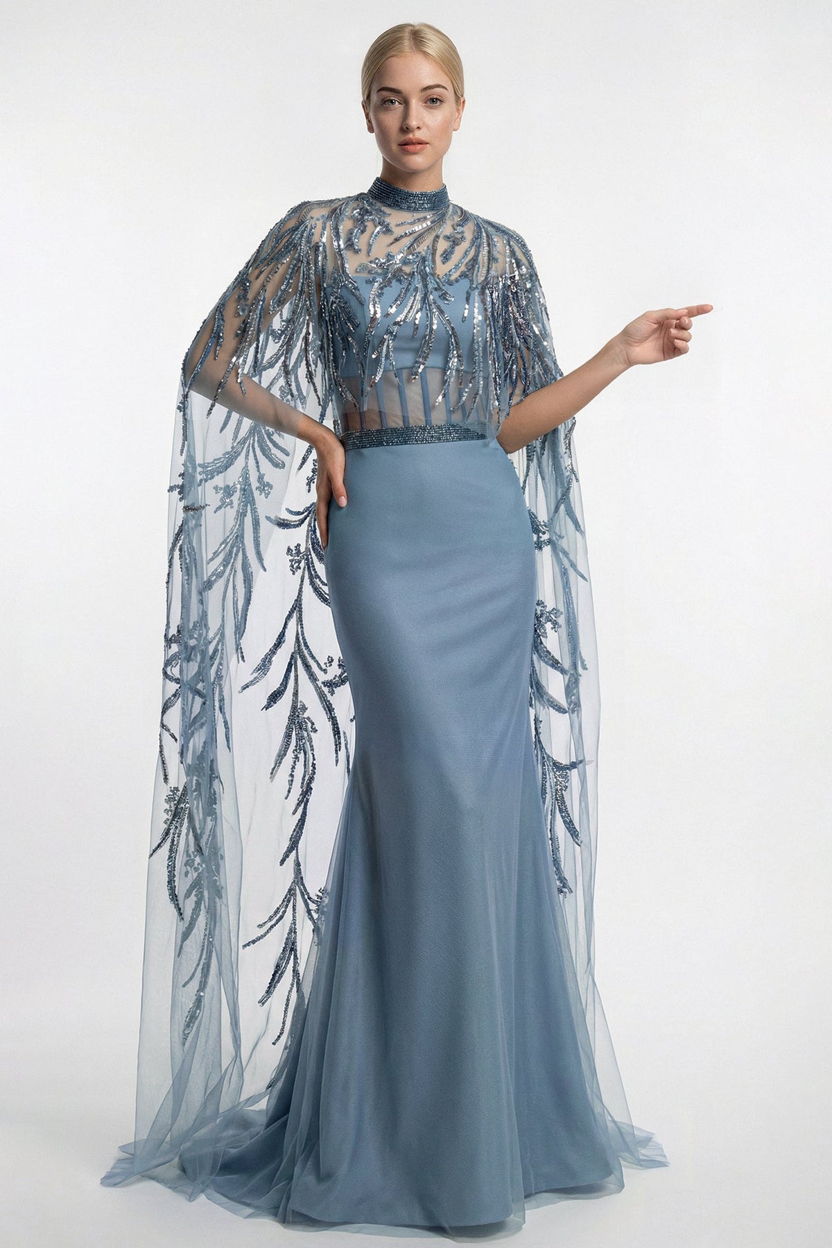 High-Neck Embroidered Cape Gown