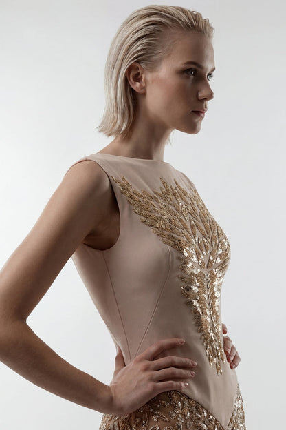 Sequin Feather-Motif Cape Gown