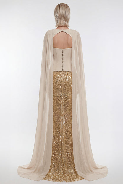 Sequin Feather-Motif Cape Gown