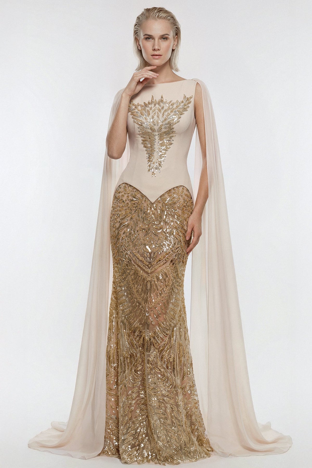 Sequin Feather-Motif Cape Gown