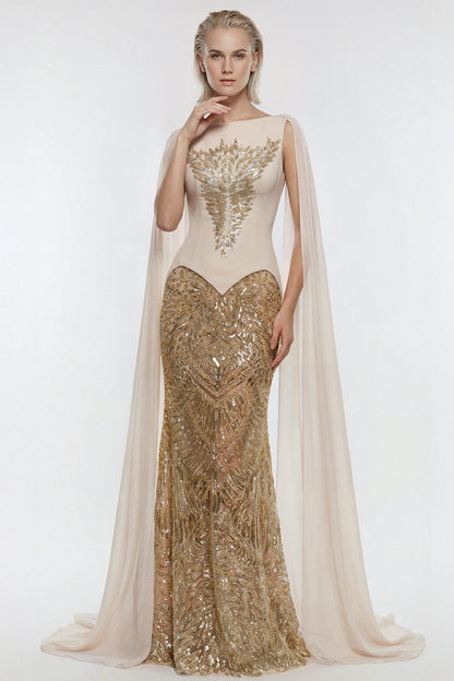 Sequin Feather-Motif Cape Gown