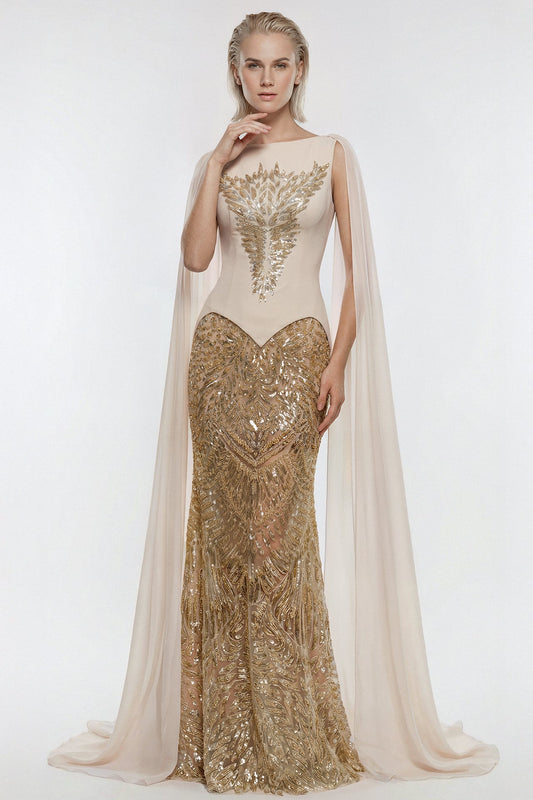 Sequin Feather-Motif Cape Gown