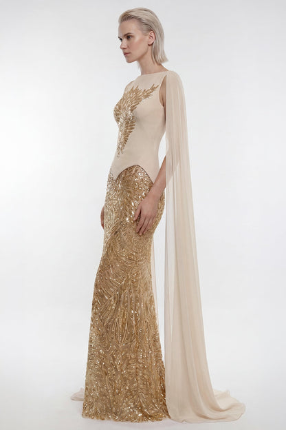 Sequin Feather-Motif Cape Gown
