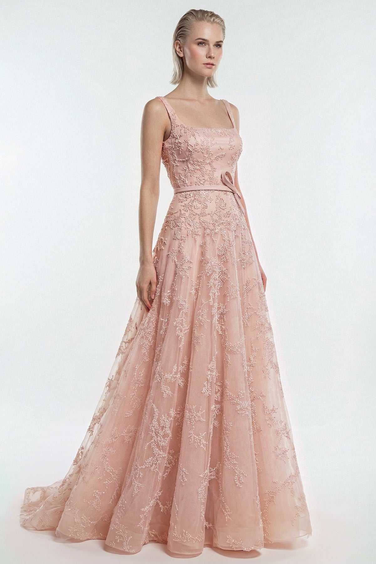 Square-Neck Floral Embroidered Gown
