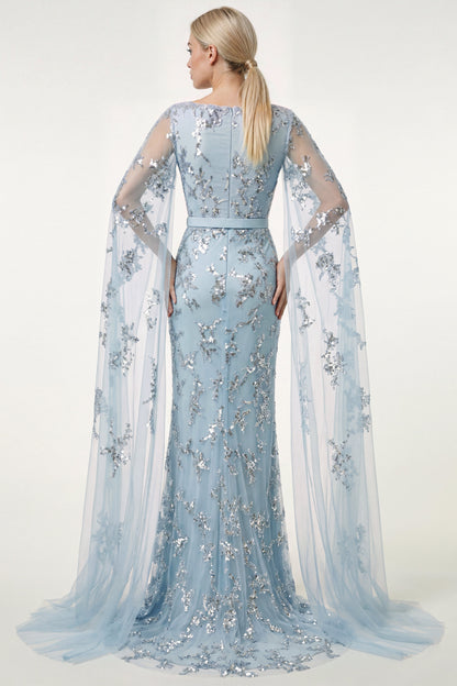 Sequin-Embroidered Cape-Sleeve Gown