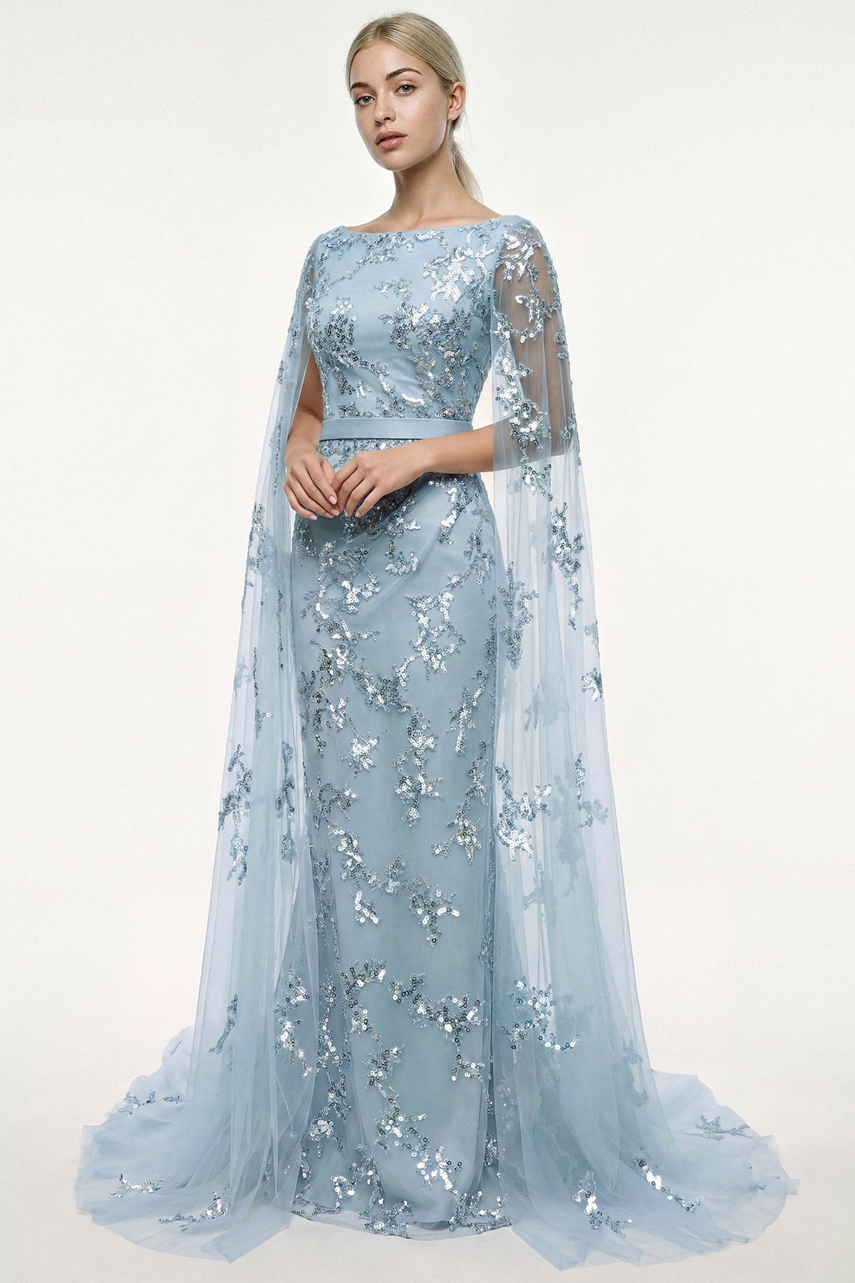 Sequin-Embroidered Cape-Sleeve Gown