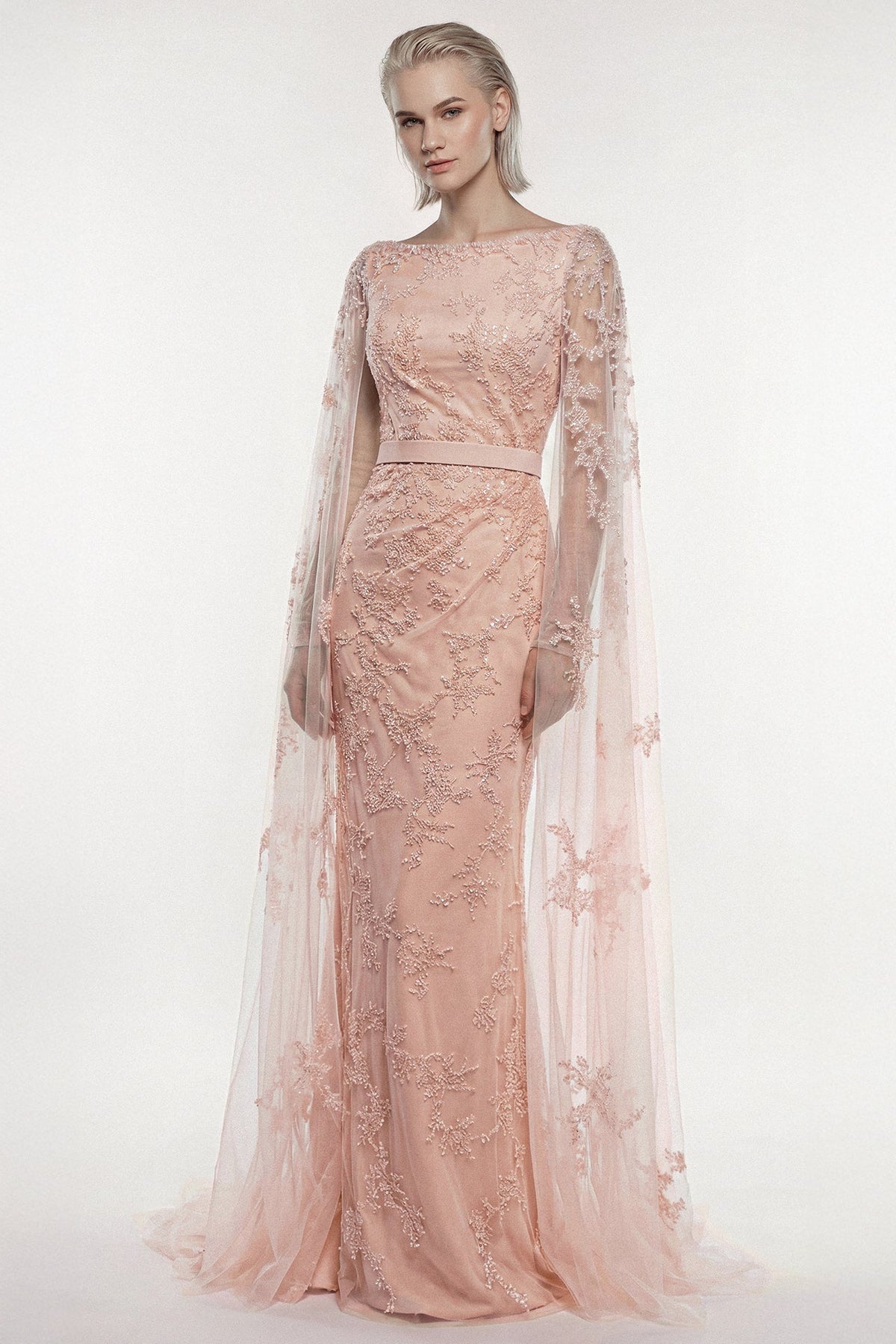 Embroidered Tulle Cape Gown