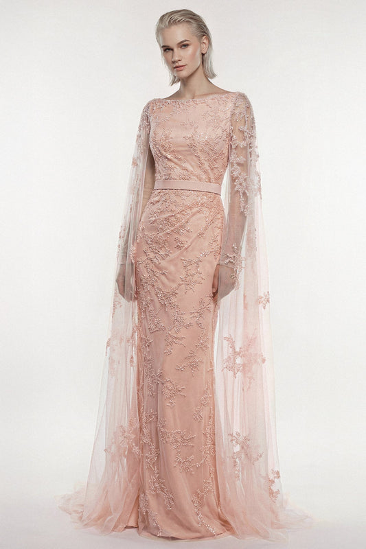 Embroidered Tulle Cape Gown