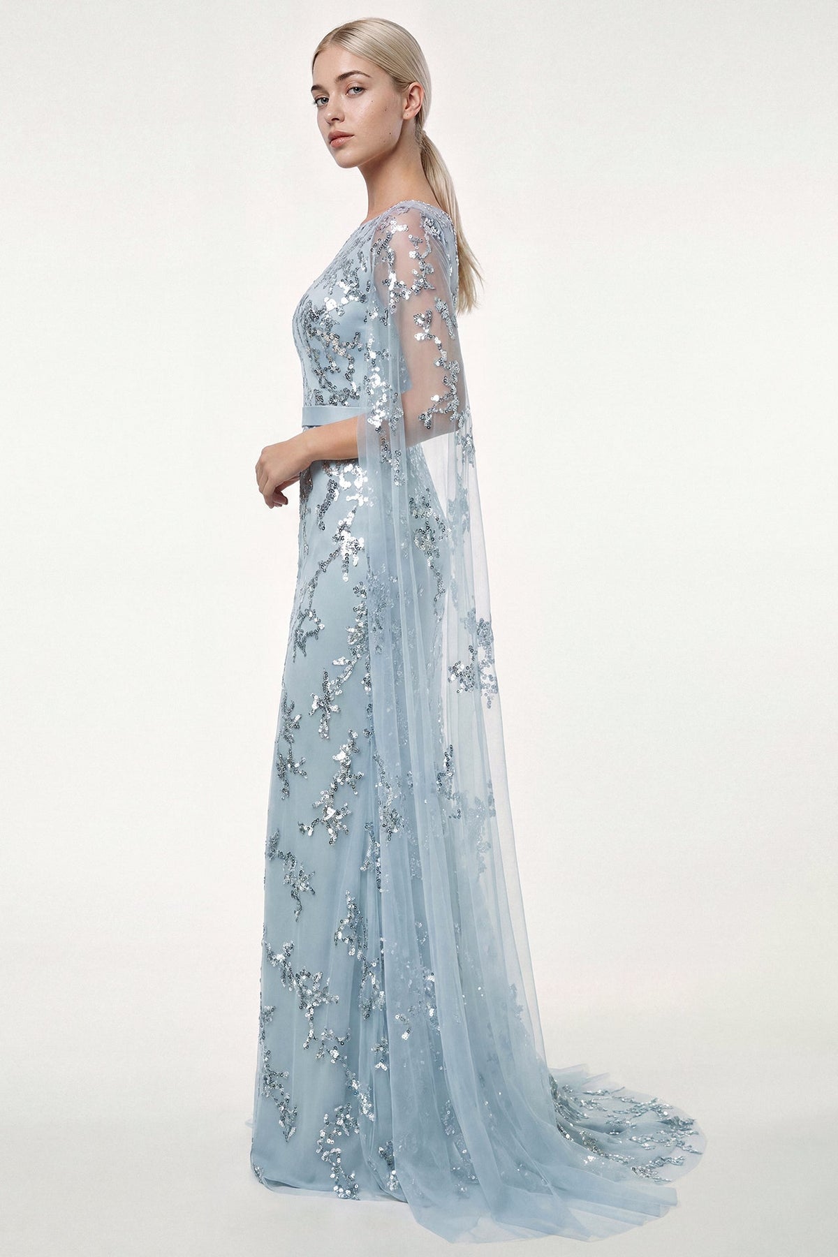 Sequin-Embroidered Cape-Sleeve Gown