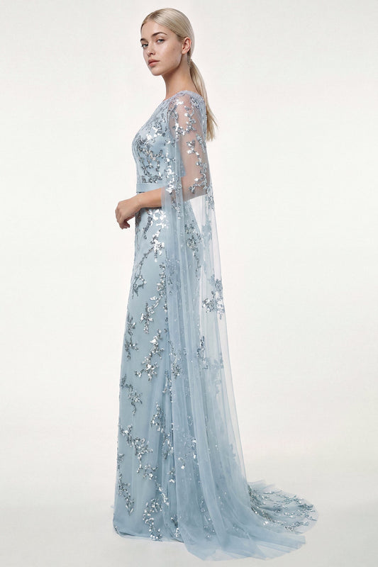Sequin-Embroidered Cape-Sleeve Gown