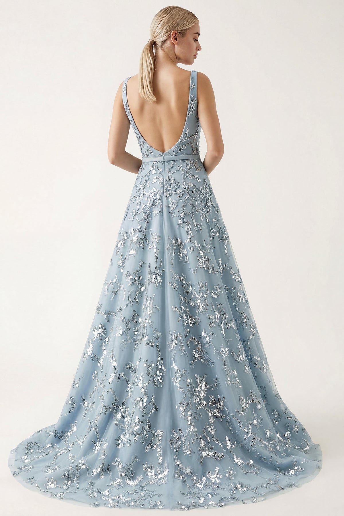 Square-Neck Sequin Tulle Gown