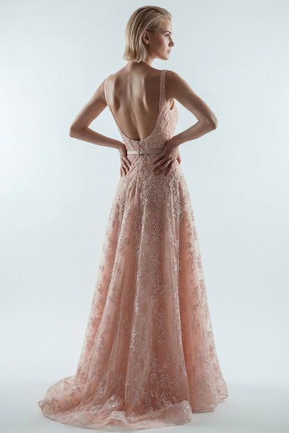 Square-Neck Floral Embroidered Gown