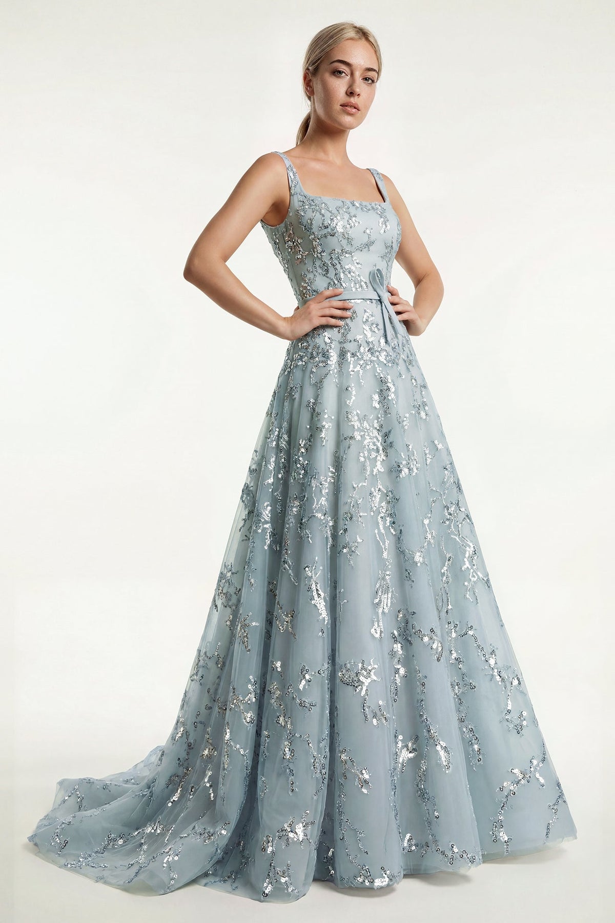 Square-Neck Sequin Tulle Gown