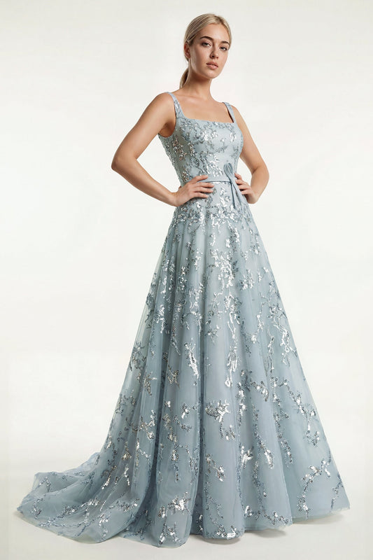 Square-Neck Sequin Tulle Gown