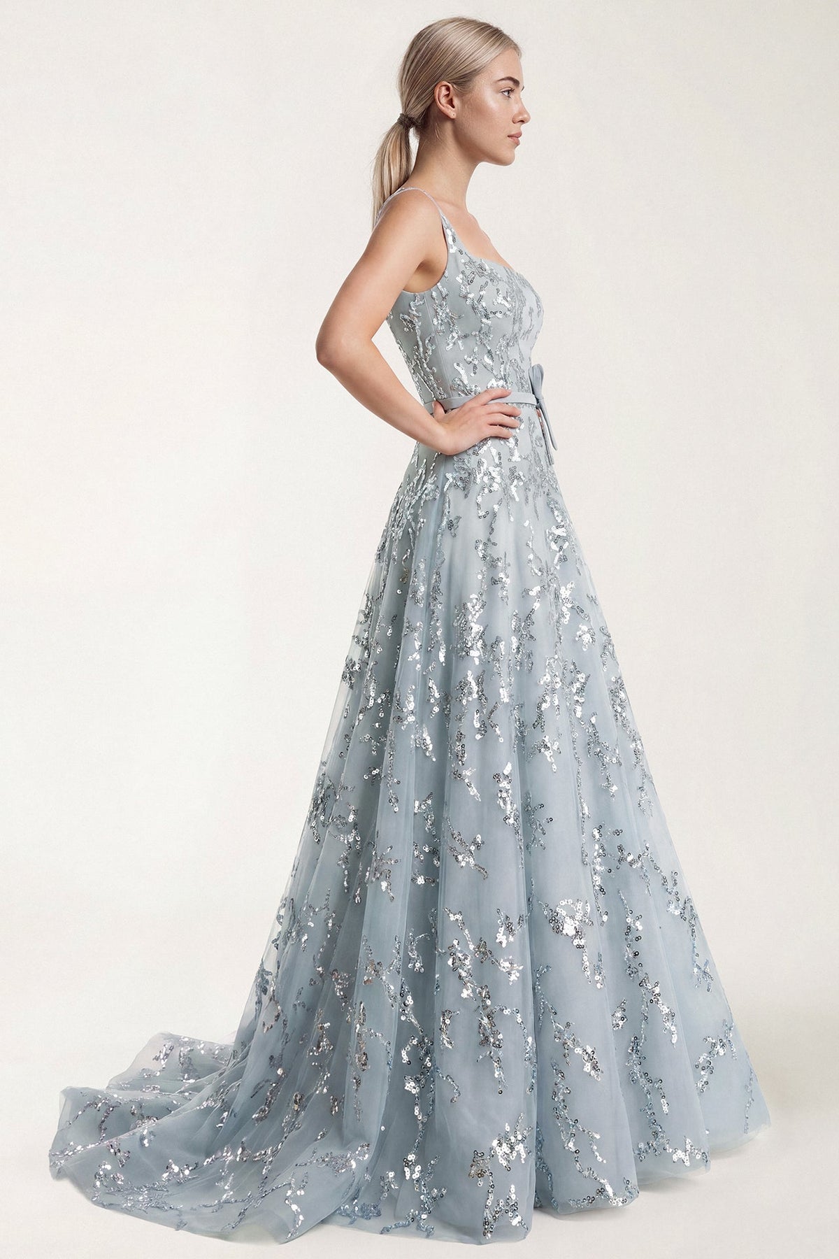 Square-Neck Sequin Tulle Gown