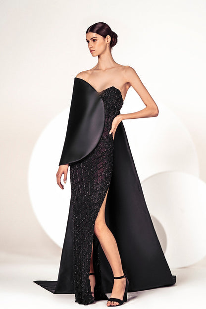 Strapless Beaded Cape-Panel Gown