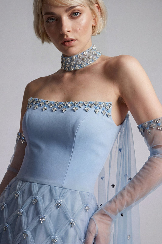 Strapless Lattice Tulle Gown
