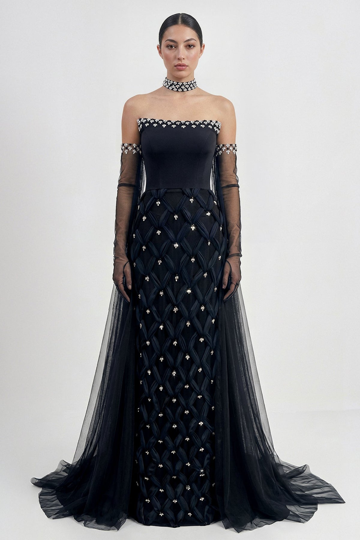 Strapless Lattice Tulle-Cape Gown