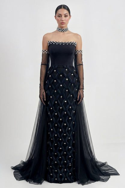 Strapless Lattice Tulle-Cape Gown