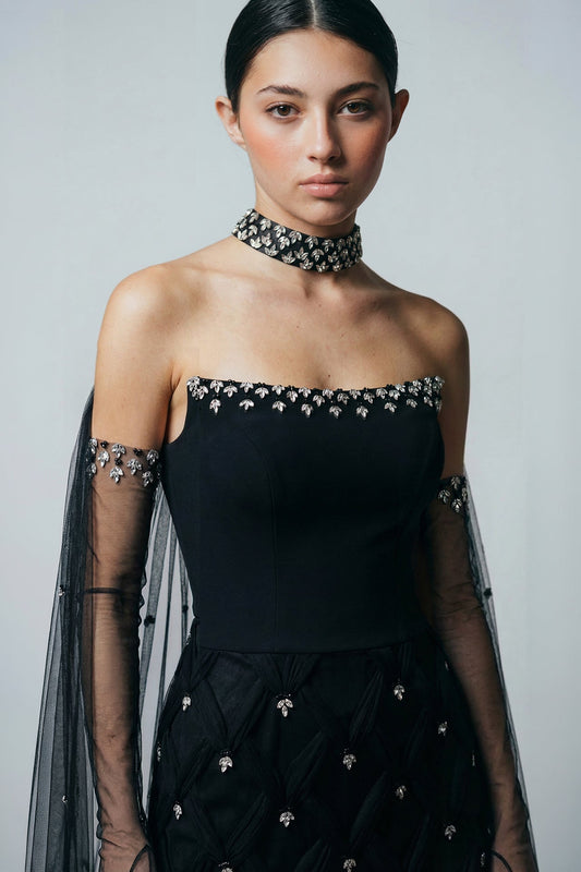 Strapless Lattice Tulle-Cape Gown