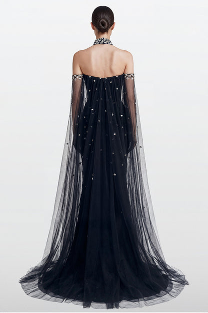 Strapless Lattice Tulle-Cape Gown