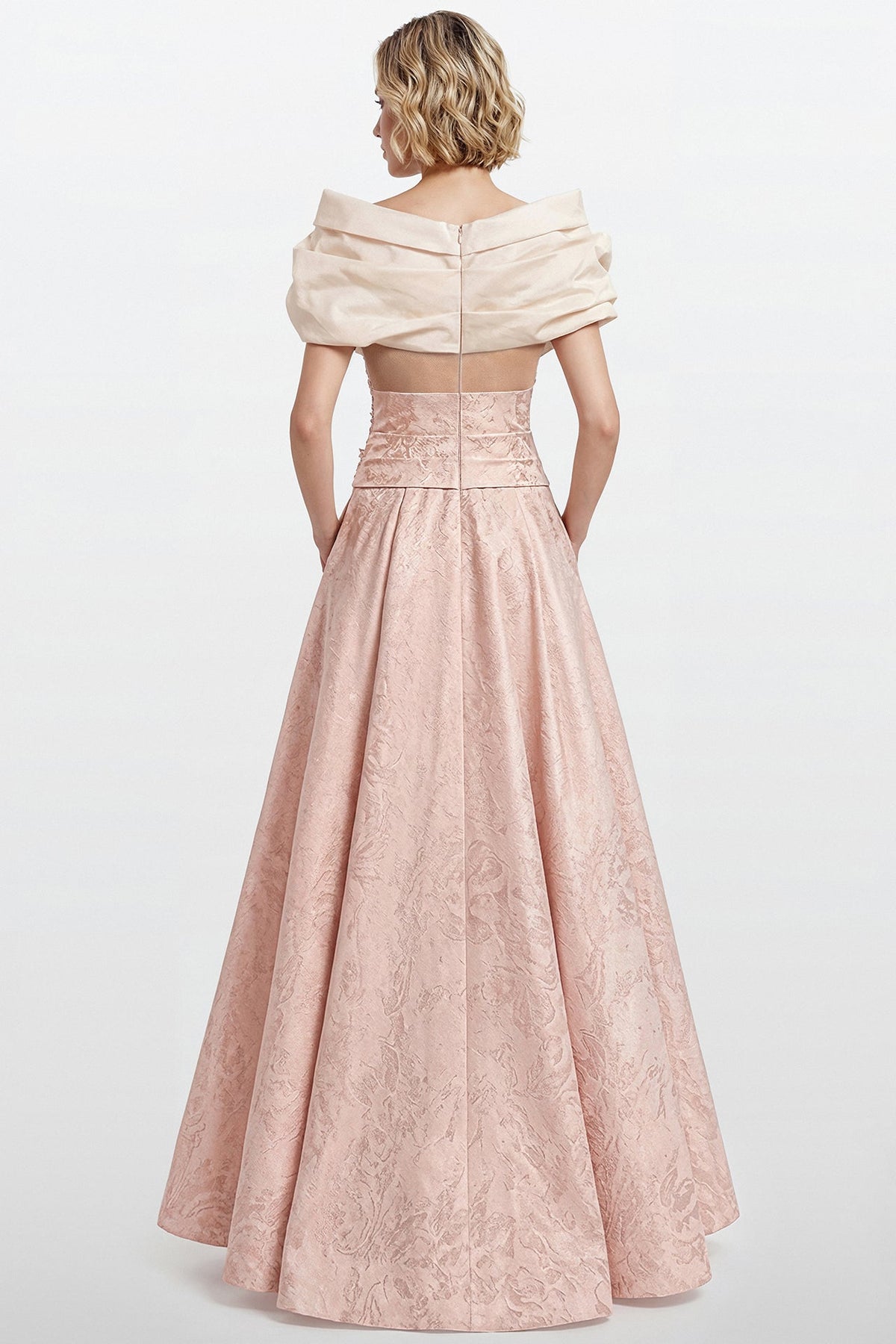 Off-Shoulder Draped Jacquard Gown