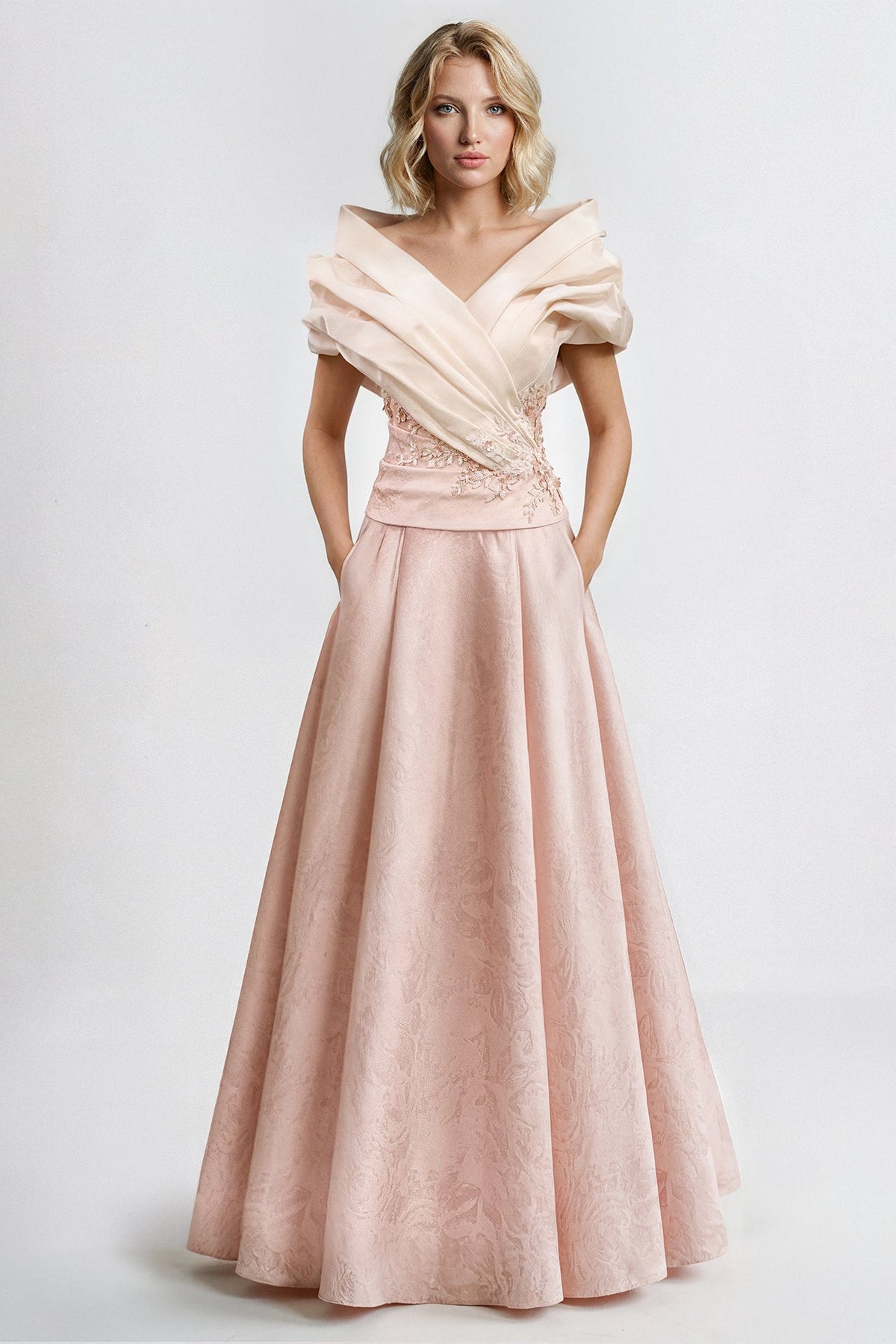 Off-Shoulder Draped Jacquard Gown