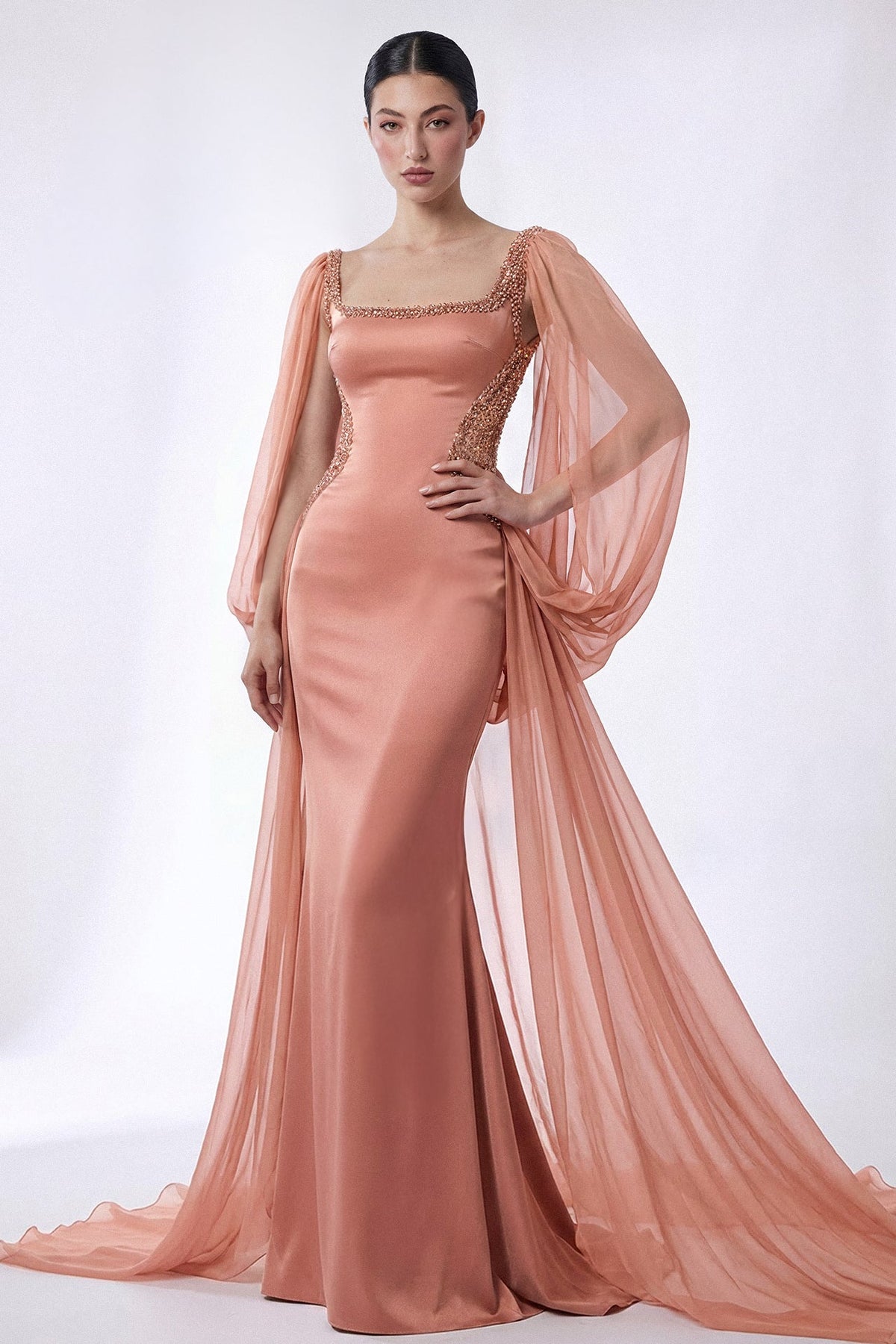 Square-Neck Chiffon-Sleeve Gown