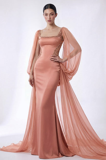 Square-Neck Chiffon-Sleeve Gown