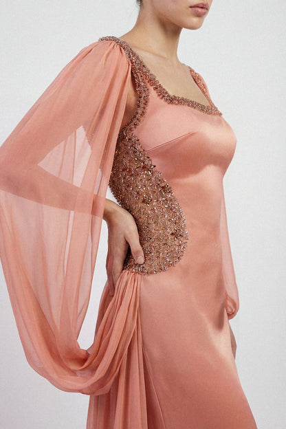 Square-Neck Chiffon-Sleeve Gown