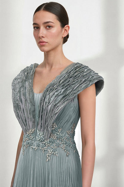 Pleated V-Neck Embroidered Gown