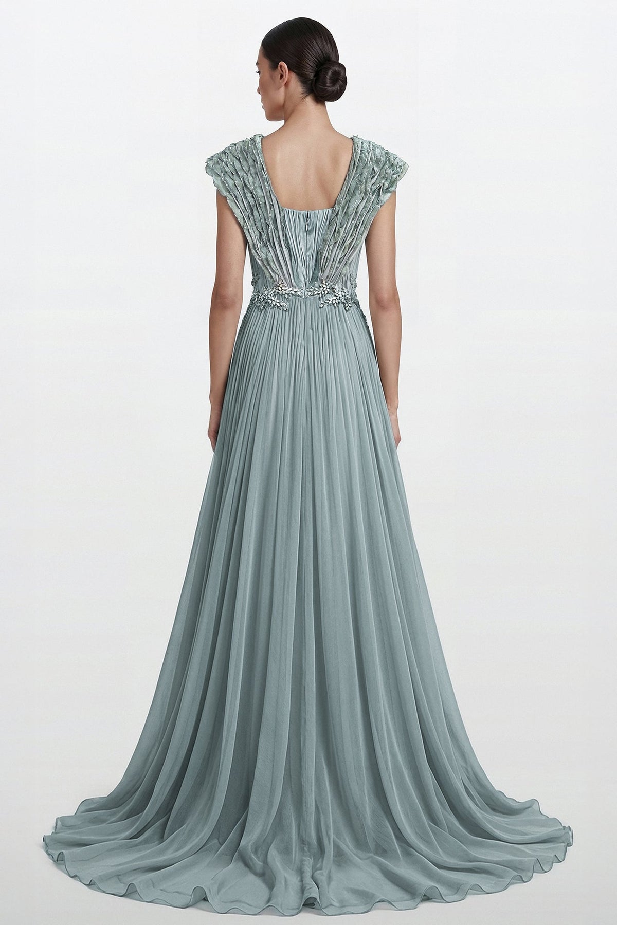 Pleated V-Neck Embroidered Gown