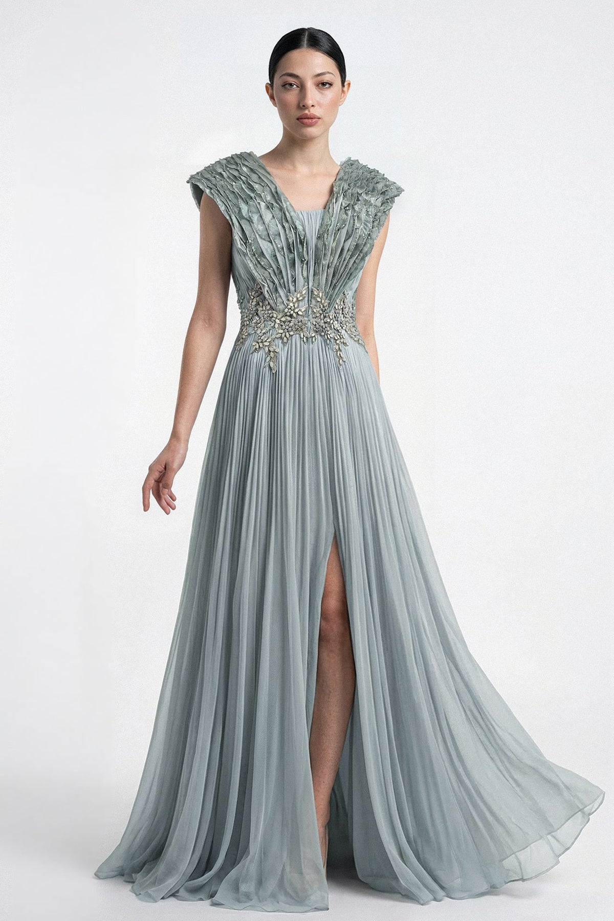 Pleated V-Neck Embroidered Gown