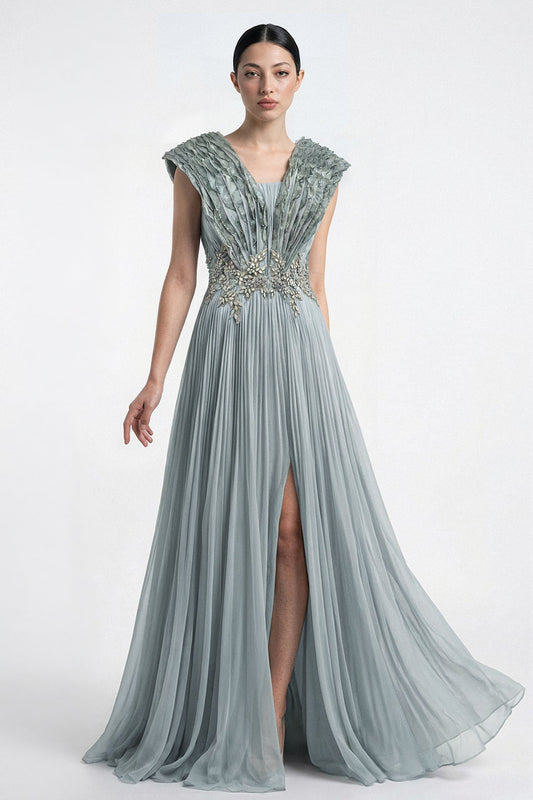 Pleated V-Neck Embroidered Gown