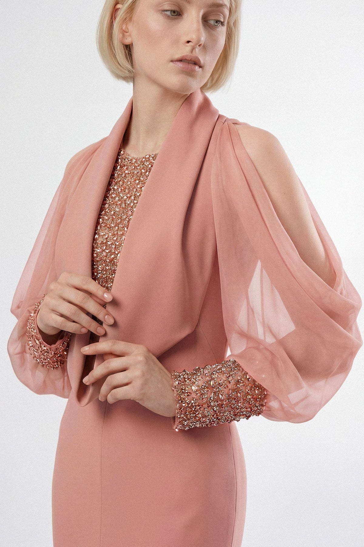 Cold-Shoulder Beaded Mermaid Gown