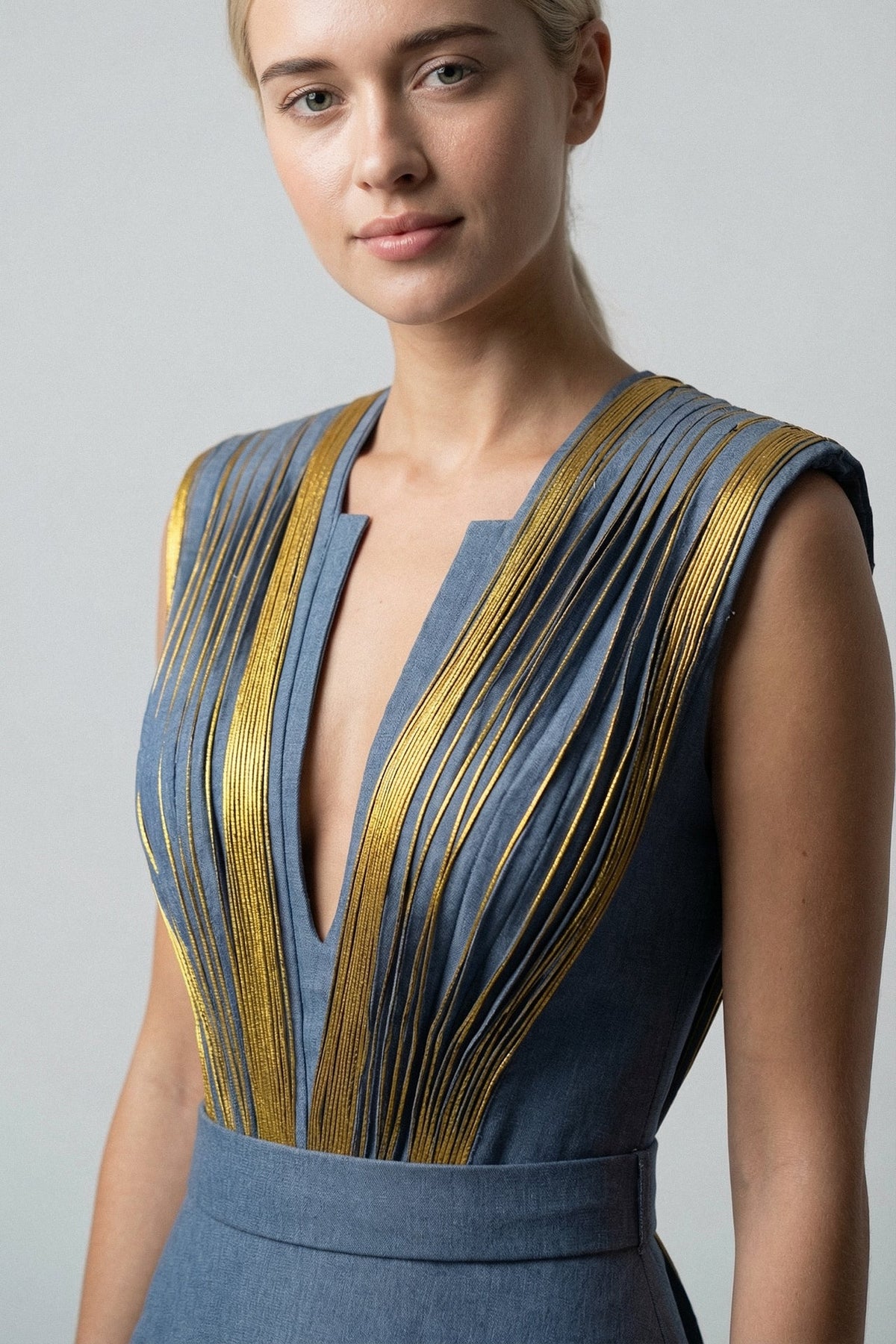 Plunging Metallic Pleated Gown