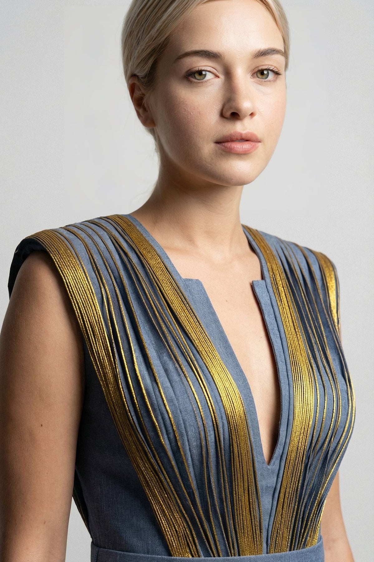 Plunging Metallic Pleated Gown