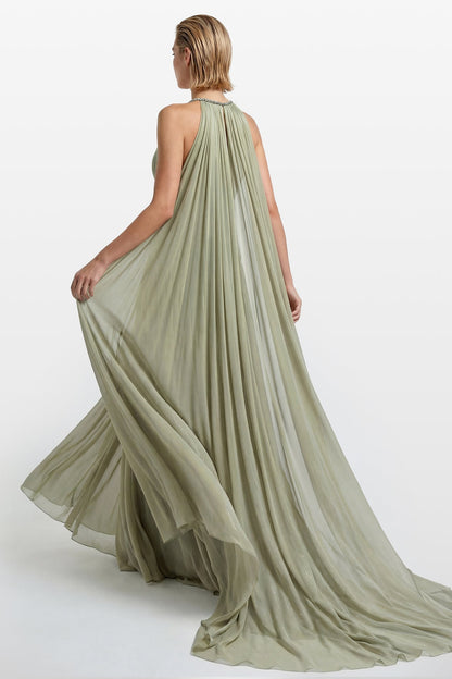 Pleated Chiffon Halter Gown