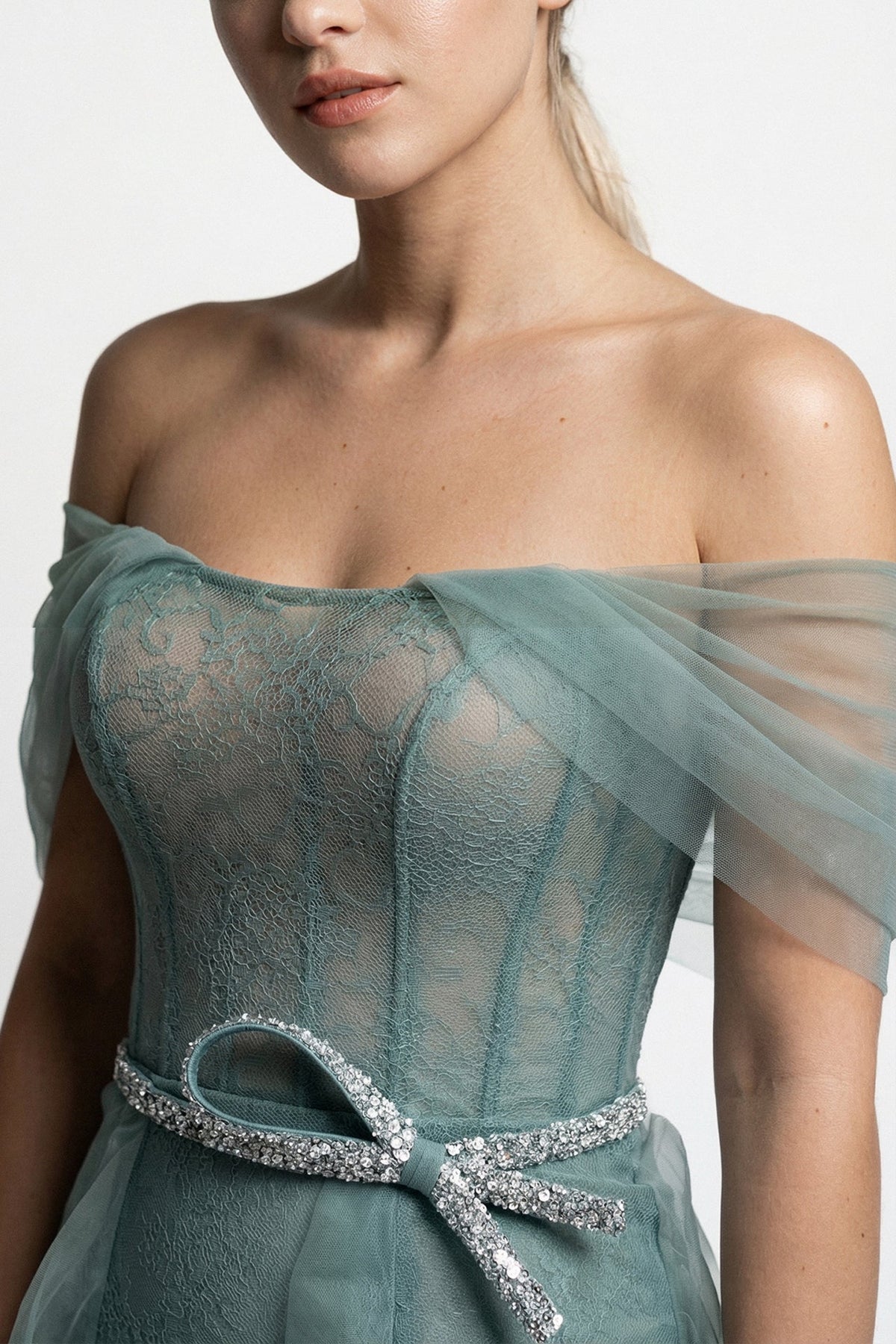 Off-Shoulder Lace Ruffle Gown
