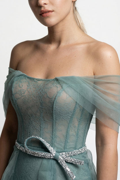 Off-Shoulder Lace Ruffle Gown
