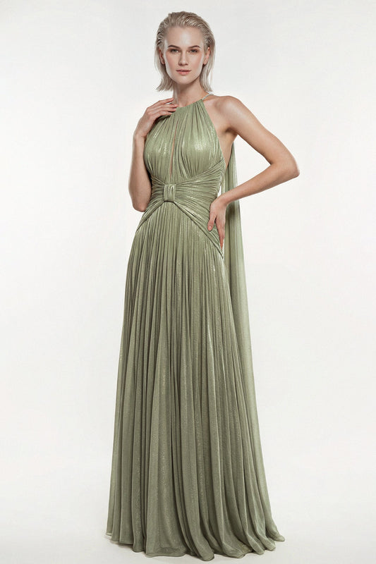 Pleated Chiffon Halter Gown