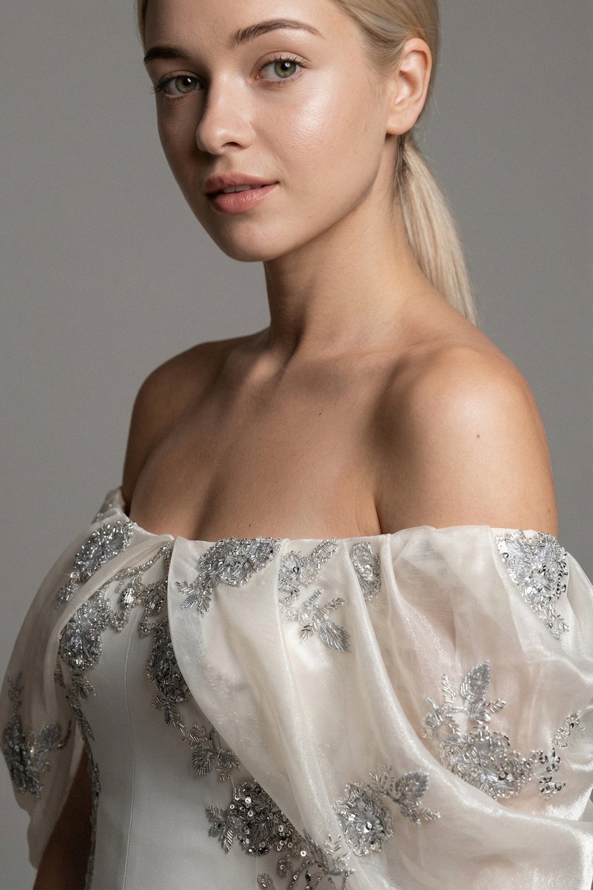 Off-Shoulder Beaded Organza Gown